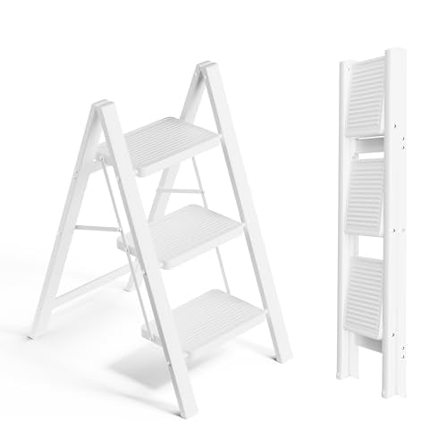 SOLADDER Step Ladder 3 Step Folding, Small Step Stool for Adults, Portable Anti-Slip Iron Stepladder with Wide Pedals for Home and Kitchen Use, Space Saving - White (300 lbs) - color: White, size: 3 Step