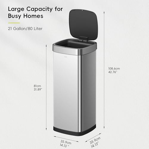 EKO EcoSmart Tall and Large Kitchen Trash Can, 80L/21.1G High Capacity, Touchless Soft Square Motion Sensor Garbage Can, Brushed Stainless Steel - size: Ecosmart 80L - Stainless Steel