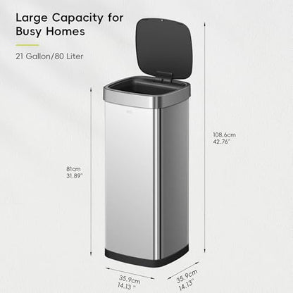 EKO EcoSmart Tall and Large Kitchen Trash Can, 80L/21.1G High Capacity, Touchless Soft Square Motion Sensor Garbage Can, Brushed Stainless Steel - size: Ecosmart 80L - Stainless Steel