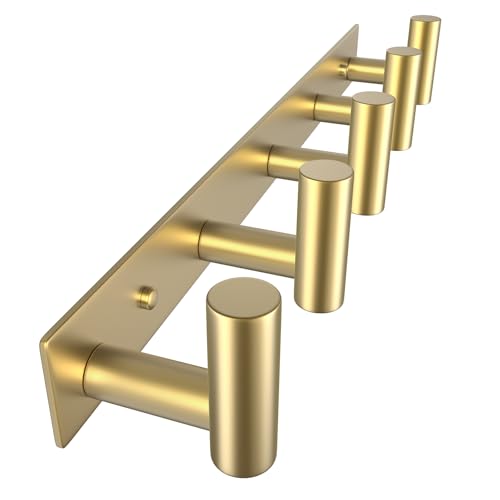 VAEHOLD Hat and Coat Wall Mount Rack - Hooks for Robes, Bags, Keys, and Towels - Bathroom Towel Hanger Organizer (Gold, “T“ Shape 5 Hooks 1 Pack) - color: Gold, size: “T“ Shape 5 Hooks 1 Pack