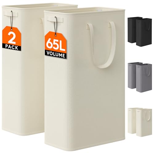 Lifewit 2 Pack Slim Laundry Hamper, Collapsible Narrow Laundry Basket, Small Tall Dirty Clothes Hampers with Handles for Bathroom Bedroom College Dorm, White, 65L - color: White, size: 65L