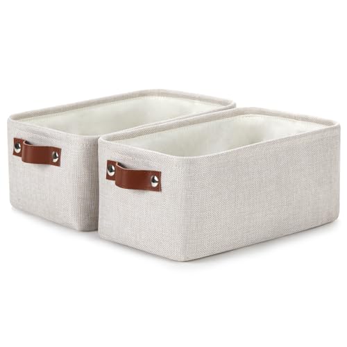 DULLEMELO fabric storage baskets | 11.8x7.9x5.1 inch small baskets for organizing Closet Set of 2 cloth storage baskets | rectangle storage basket with PU Handles (Beige) - color: Beige-Leather Handles, size: 2P-11.8"x7.9"x5.1"