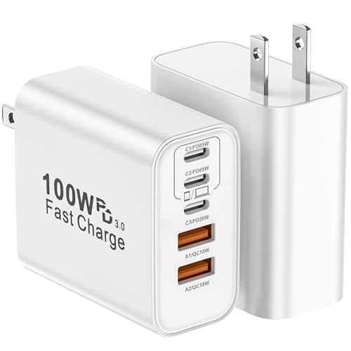 USB C Charger Block, 2-Pack 100W 5-Port USB C Wall Charger iPhone Charger Fast Charging PD Power Adapter+QC Wall Plug Multiport Type C Brick Chargers for iPhone 17 16 15 14 13 Pro Max,Samsung,MacBook - color: White, size: 2packs 100W