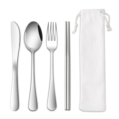DEHOV Travel Utentils Set With Pouch,Reusable Portable Camping Silverware Set Knife Spoon Fork Chopsticks For Picnic,Travel Accessories Gadgets,Picnic Essentials - color: Silver