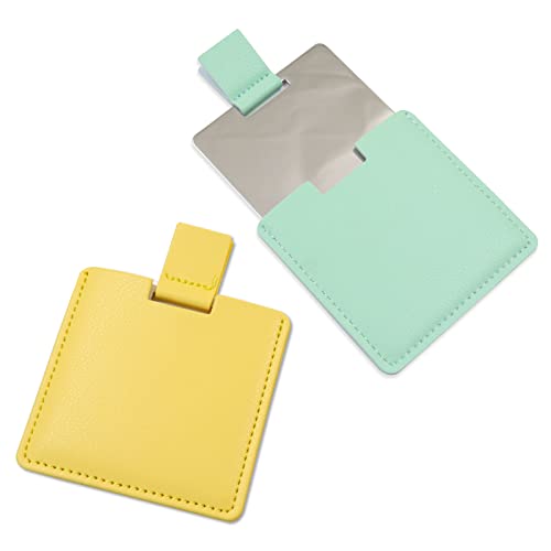 2Pcs Shatterproof Stainless Steel Compact Mirror for Purses, Unbreakable Mirror Travel with PU Leather Case Cover, Handheld Camping Shaving Mirror for Women & Men, Makeup, Gift (Green & Yellow) - color: Green & Yellow