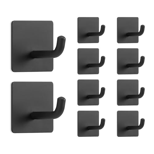 Livabber Adhesive Towel Hooks, 304 Stainless Steel Self Sticky Wall Hooks Waterproof Shower Hooks for Robe/Clothes, No Drilling Towel Hangers for Bathroom Kitchen Bedroom (Black, 10 Packs) - color: Black, size: 10 Packs