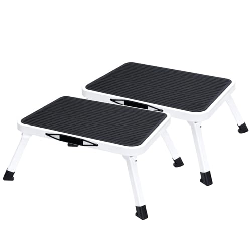 NEWBULIG Foldable Step Stool Set of 2, 330lbs Reinforced Sturdy Metal | Stepping Stool with Non-Slip Platform & Thickened Rubber Feet for Home, Kitchen, RV, Indoor Outdoor, Black & White - color: Black Platform+white Feets, size: 2 Pack