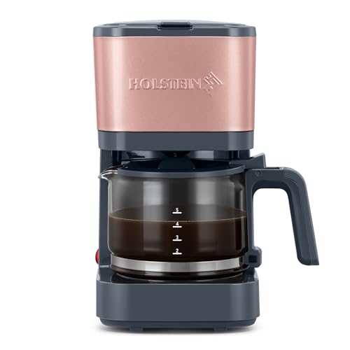 Holstein Housewares 5 Cup Coffee Maker – Compact Drip Coffee Machine with Auto Pause & Serve, Reusable Filter, Glass Carafe, Water Window & Warming Plate. Dark Grey & Rose Gold - color: Dark Grey & Rose Gold, size: 5 Cup