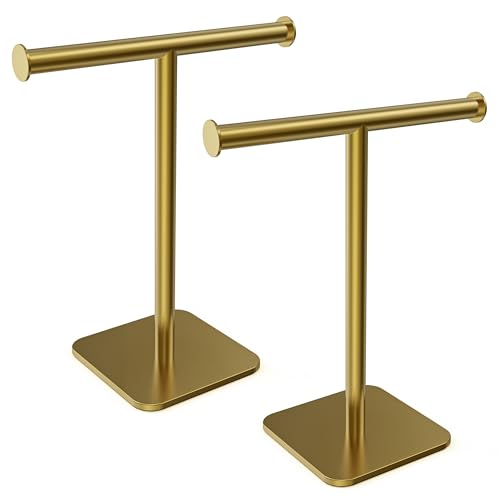 RUACQ Hand Towel Holder Stand, T-Shape Stainless Steel Free Standing Towel Rack, Vanity Countertop Towel Holder for Bathroom Kitchen Heavy Duty (Brushed Gold, 2 Pack) - color: Brushed Gold, size: Short - 12''(2pcs)