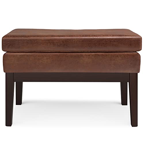 SIMPLIHOME Carlson Small Ottoman Bench - 27 inch Wide Upholstered Woven Fabric Rectangle Ottoman in Distressed Saddle Brown, Mid Century Modern Bench for Bedroom or Living Room with Padded Seat - color: Distressed Saddle Brown, style: Small Ottoman Bench