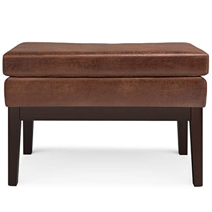 SIMPLIHOME Carlson Small Ottoman Bench - 27 inch Wide Upholstered Woven Fabric Rectangle Ottoman in Distressed Saddle Brown, Mid Century Modern Bench for Bedroom or Living Room with Padded Seat - color: Distressed Saddle Brown, style: Small Ottoman Bench