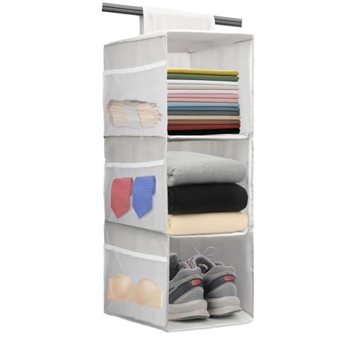3-Shelf Hanging Closet Organizer, Space Saver, Closet Hanging Storage Shelves with Mesh Pockets & Magic Tap for Storage, Foldable-Grey