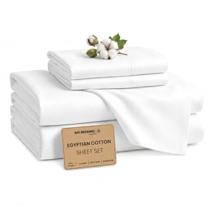 SGI bedding 100% Egyptian Cotton Sheets Queen Size – Cooling Sheets, Soft Breathable White Bedding, Luxury Bedding, Luxury Hotel Sheet Set, High Thread Count, Deep Pocket 18", 4 Piece Set - color: 01 - White, size: Queen
