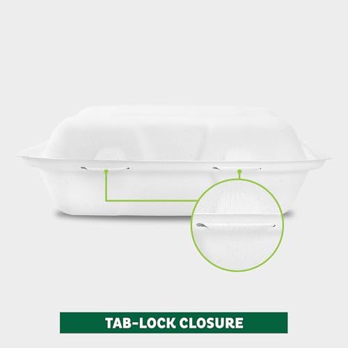 Freshware Clamshell Food Containers with Lids [8x8"] 3-Compartment 100-Pack, Disposable To Go Containers, Biodegradable Sugarcane To Go Boxes - Paper Container - Microwave & Freezer Safe, Stackable - size: 8 x 8 Inch, 100 Pack