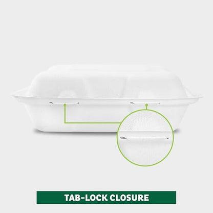 Freshware Clamshell Food Containers with Lids [9x9"] 3-Compartment 100-Pack, Disposable To Go Containers, Biodegradable Sugarcane To Go Boxes - Paper Container - Microwave & Freezer Safe, Stackable - size: 9 x 9 Inch, 100 Pack