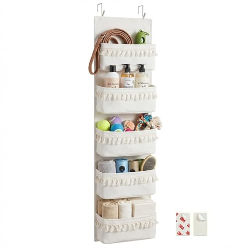 Over The Door Organizer, 5-Tier Sturdy Canvas Hanging Storage for Pet Supplies & Dog Walking Gear, Heavy Duty Large Pockets for Leashes, Treats, Toys, Multi-Use for Nursery & Closet (Beige)