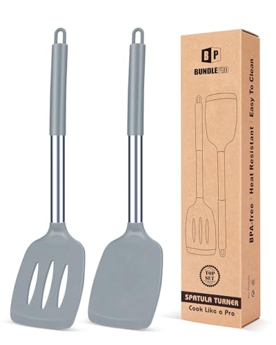 Pack of 2 Silicone Solid Turner, Non Stick Slotted Kitchen Spatulas, High Heat Resistant BPA Free Cooking Utensils, Ideal Cookware for Fish, Eggs, Pancakes(Gray) - color: Gray