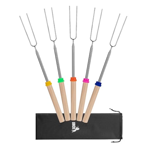 UNCO- Marshmallow Roasting Sticks, 32", 5 Pack, Extendable Stainless Steel Smores Sticks for Fire Pit, Smores Skewers, Campfire Cooking Equipment - color: Wood with bag, size: 5 Pack