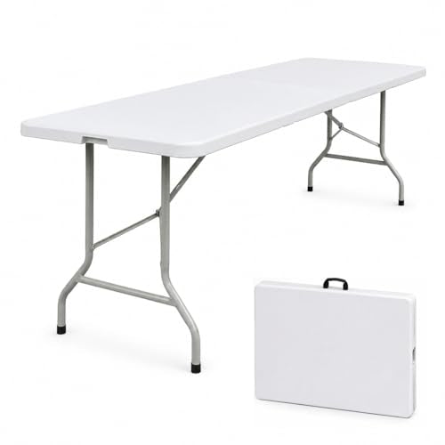 8ft Folding Table, Heavy Duty Plastic Table with Handle, White | Foldable Spacious Tabletop, Extra Large, Portable for Indoor & Outdoor Use, for Camping, Picnic, Wedding, Party, Gathering - size: 8FT