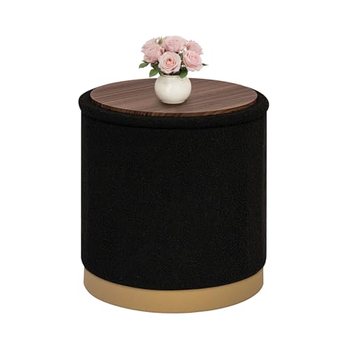 B FSOBEIIALEO Ottoman with Stroage, Round Boucle Storage Ottoman with Gold Plating Base,Foot Rest Stool for Dorm Room, Living Room Black, 16.73"x16.73"x17.72" - color: Black, size: 16.73x16.73x17.72 inches