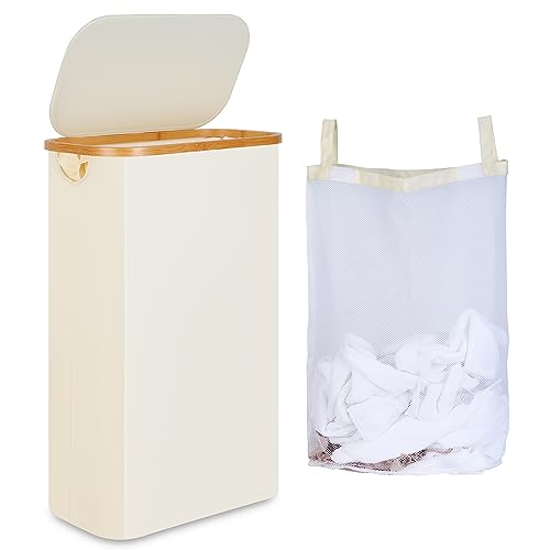 iEGrow 65L Slim Laundry Hamper, Narrow Laundry Basket with Lid,Foldable Clothes Hamper with Bamboo Handles,Hamper Basket with Removable Inner Bag for Laundry Room Bedroom College Dorm,17.17 Gals Beige - color: Beige, size: 65L without Wheels