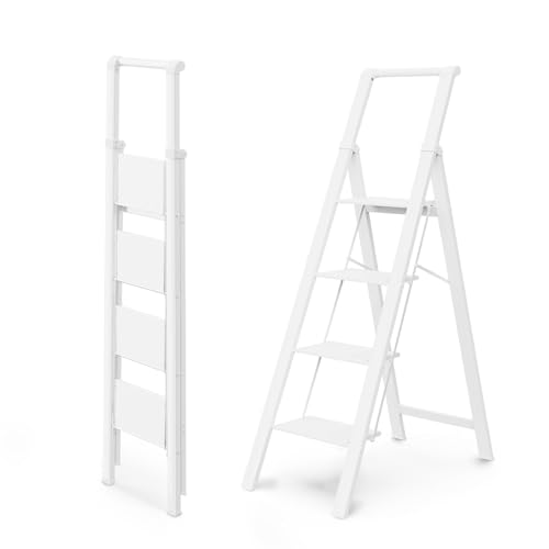 WOA WOA 4 Step Ladder, Ladders for Home, Anti-Slip Aluminum Pedals, Step Stool Foldable, Lightweight to Move, Ease of Storage, Reach 9ft for Closet Kitchen Library, Hold 300lbs - White - color: White, size: 4 Step