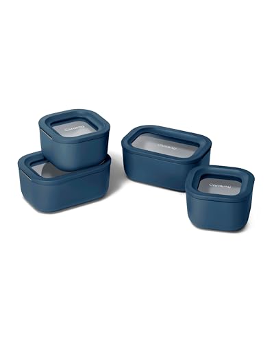 Caraway Mini Food Storage 9pc Set - Glass Storage Containers for Food - Non-Toxic Ceramic-Coated Glass - Air Release Technology - Compact & Stackable Design - Navy - color: Navy, size: Mini Food Storage Set (9x)