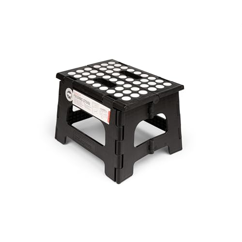 Kikkerland Rhino Foldable Step Stool – Holds Adults up to 300 Lbs, Best for Kitchen & Bathroom – Collapsible, Portable, Lightweight Stepping Stool with Sturdy, Non-Slip Design – Black, 8” - color: Black, size: 8 Inch