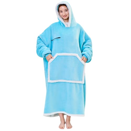 IFNOW Wearable Blanket Hoodie, Oversized Sherpa Fleece Hooded Sweatshirt with Eye Mask, Cozy and Giant Blanket Hoodie with Sleeves Extra Long for Adults Men Women, Skyblue - color: Skyblue, size: Adult