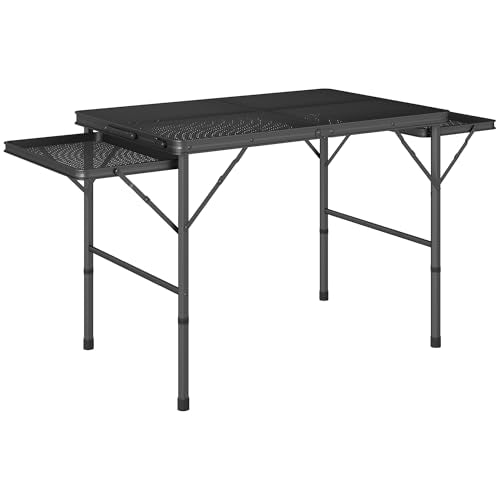 Outsunny Folding Grill Table, 4.5 ft Portable Camping Table with 2 Wing Panels, Height Adjustable Metal Outdoor Table with Mesh Desktop for Picnic, Beach, BBQ, Party, Black