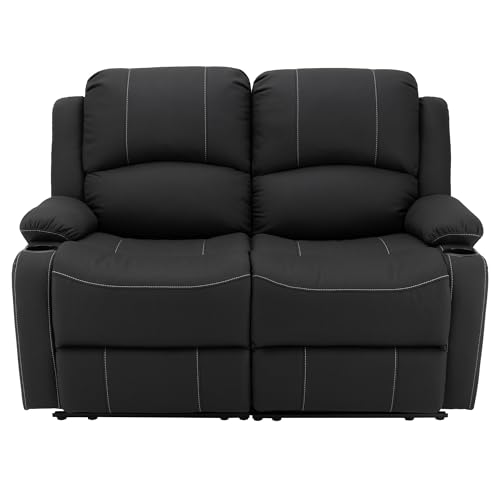 Camper Comfort 58" Wall Hugger Reclining RV Theater Seats | Double Recliner RV Sofa | RV Couch | Wall Hugger Recliner | RV Theater Seating | RV Furniture (Powered, Black w/White Stiching) - color: Black W/ White Stiching, style: Powered