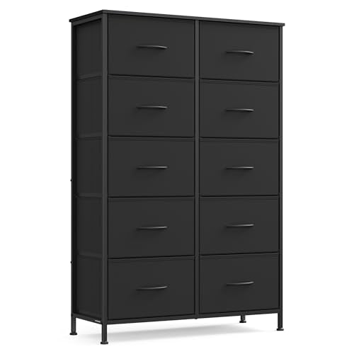 SONGMICS BELLAH Collection - Dresser for Bedroom, Chest of Drawers, Storage Organizer Unit, Closet, Entryway, Steel, 10 Drawers, Modern, Ink Black and Ebony Black ULGS125B01S - color: Ink Black + Ebony Black, size: 11.8"D x 30.2"W x 45.9"H (10 Drawers)