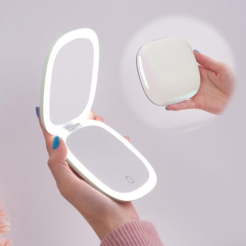 Mocado Compact LED Travel Makeup Mirror - 4 Inches 1X/10X Magnification Travel Mirror with Light Dimmable Double Sides Lighted USB Rechargeable Compact Mirror for Purse,Pocket,Travel(White) - color: Electroplated-white