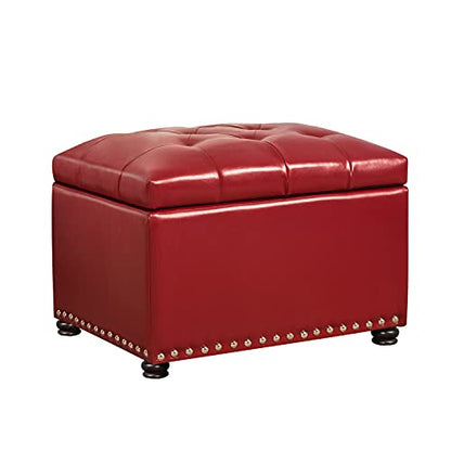 24'' Leather Storage Ottoman Rectangular Foot Rest Stool with Nailhead Trim for Bedroom Living Room(Red) - color: Red