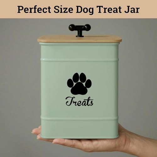 Dog Treat Container Airtight - 6 Inch Wide x 8 Inch Tall Iron Dog Treat Jar for Kitchen Counter with Airtight Bamboo Lid - 12 Cup Capacity Pet Treat Container - Doggie Cookie Jar - Big Treats Canister - color: Sage Green