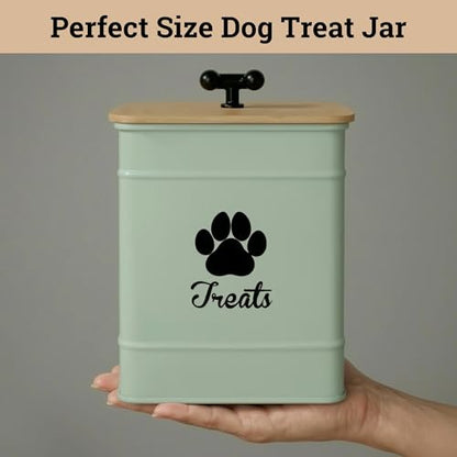 Dog Treat Container Airtight - 6 Inch Wide x 8 Inch Tall Iron Dog Treat Jar for Kitchen Counter with Airtight Bamboo Lid - 12 Cup Capacity Pet Treat Container - Doggie Cookie Jar - Big Treats Canister - color: Sage Green