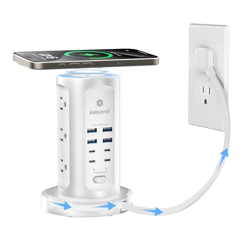 Kakyanill 30W USB Charging Station, Power Strip Tower, 9 AC Outlets with 8 USB Ports(4 USB-C), 6Ft Flat Plug Retractable Extension Cord, for Home Office Dorm, White - color: White&Grey