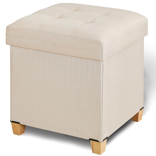 17.7" Ottoman with Storage, Square Storage Ottoman for Dorm, Linen Ottomans with Legs for Living Room, Bedroom, Beige - color: Beige, Linen, size: 17.7" x 17.7" x 19.9"