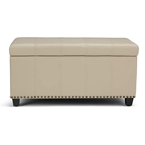 SIMPLIHOME Amelia Storage Ottoman - 33 inch Wide Vegan Leather Rectangle Storage Ottoman Bench in Satin Cream, Transitional Ottoman for Living Room with Nailhead Trim and Lift-Up Lid - color: Satin Cream