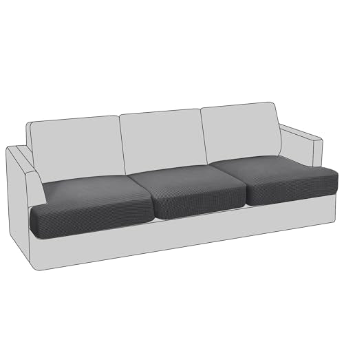 PrinceDeco Stretch T Cushion Sofa Slipcovers Jacquard 3 Piece Sofa Cushion Covers for 3 Cushion Couch Sofa Seat Cushion Covers with Elastic Bottom for Kids,Dog,Small Checked Pattern,Gray - color: Grey, size: 3 Cushion Sofa