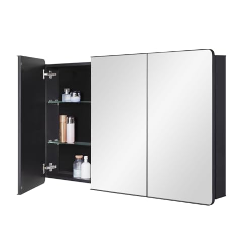 IDYLLOR Bathroom Mirror Medicine Cabinet with Round Corner Framed Door 48 x 30 inch, Black，Recessed or Surface Mount, with Adjustable Glass Shelves - size: 48 x 30 inch