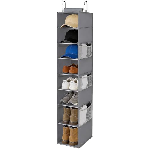 Hanging Shoe Organizer for Closet,8-Shelf Hanging Storage with Side Mesh Pockets,Wider Shelves for Baseball Caps,Clothes (9" W × 11.8" D × 54" H) Grey - color: Grey, size: 8 Tiers-Closet Hanging