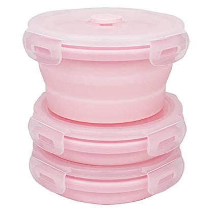 CCyanzi 3piece Round Collapsible Bowl with Lids, Silicone Food Storage Containers, Microwave & Freezer Safe, Space Saving for Kitchen Cabinet and Camping Backpack,(Pink) - color: pink