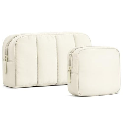 oscaurt 2 Pcs Makeup Bag Travel Toiletry Bag for Women Puffy Padded Cosmetic Pouch Purse Wide-open Makeup Organizer Case Travel Essentials - color: Beige-Set