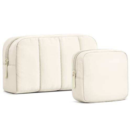 oscaurt 2 Pcs Makeup Bag Travel Toiletry Bag for Women Puffy Padded Cosmetic Pouch Purse Wide-open Makeup Organizer Case Travel Essentials - color: Beige-Set