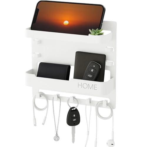 Wall Mount Bedside Shelf with Hooks, Adhesive Bedroom Organizer Storage for Phone, Remote, Kindle, Earphone, Dorm Room, RV, Office – Plastic Storage Rack (White) - color: White