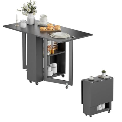 LotFun Folding Dining Table with 6 Wheels, 2-Layer Storage Shelf & Drawer, Space Saving Farmhouse Kitchen Table for Small Spaces - color: Grayish Black