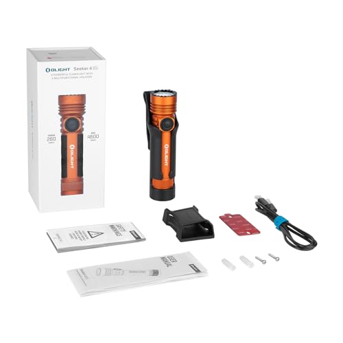 OLIGHT Seeker 4 Pro Rechargeable Flashlights, 4600 Lumens High Powerful Bright Light with USB C Holster, Waterproof IPX8 for Emergencies, Camping, Searching (Orange Cool White) - color: Orange