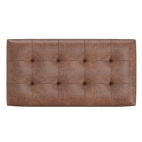 SIMPLIHOME Cosmopolitan Storage Ottoman - 34 inch Wide Upholstered Vegan Leather Rectangle Storage Ottoman Bench in Distressed Saddle Brown, Transitional Tufted Ottoman for Entryway with Lift-Up Lid - color: Distressed Saddle Brown