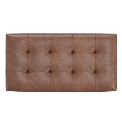 SIMPLIHOME Cosmopolitan Storage Ottoman - 34 inch Wide Upholstered Vegan Leather Rectangle Storage Ottoman Bench in Distressed Saddle Brown, Transitional Tufted Ottoman for Entryway with Lift-Up Lid - color: Distressed Saddle Brown